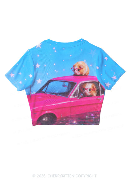 Two Guinea Pigs On Pink Car Y2K Mesh Crop Top Cherrykitten