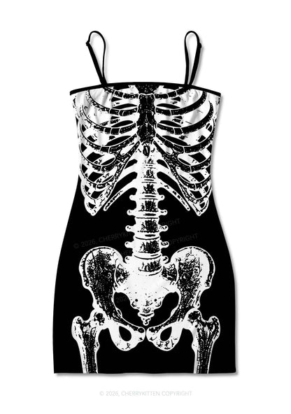 Halloween Anatomical Pelvis Y2K Print Slip Dress Cherrykitten