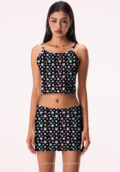Rainbow Star On Black Y2K Print Mini Skirt Cherrykitten