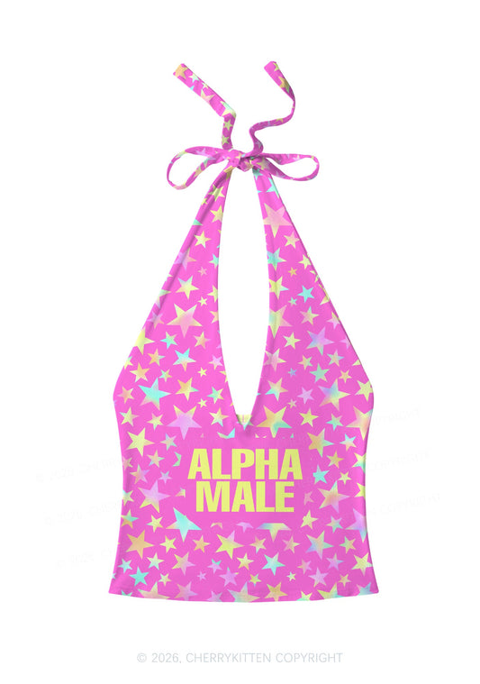 Hot Pink Alpha Male Pride Y2K Print Halter Deep V Neck Cami Cherrykitten