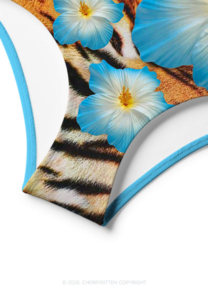 Tiger Stripe Blue Hibiscus Floral Y2K Print Bikini Set Cherrykitten