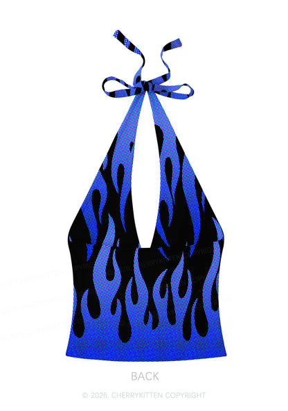 Royal Blue Flame Y2K Print Halter Deep V Neck Cami Cherrykitten