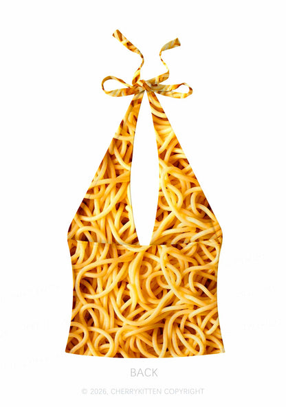 Spaghetti Pasta Y2K Print Halter Deep V Neck Cami Cherrykitten