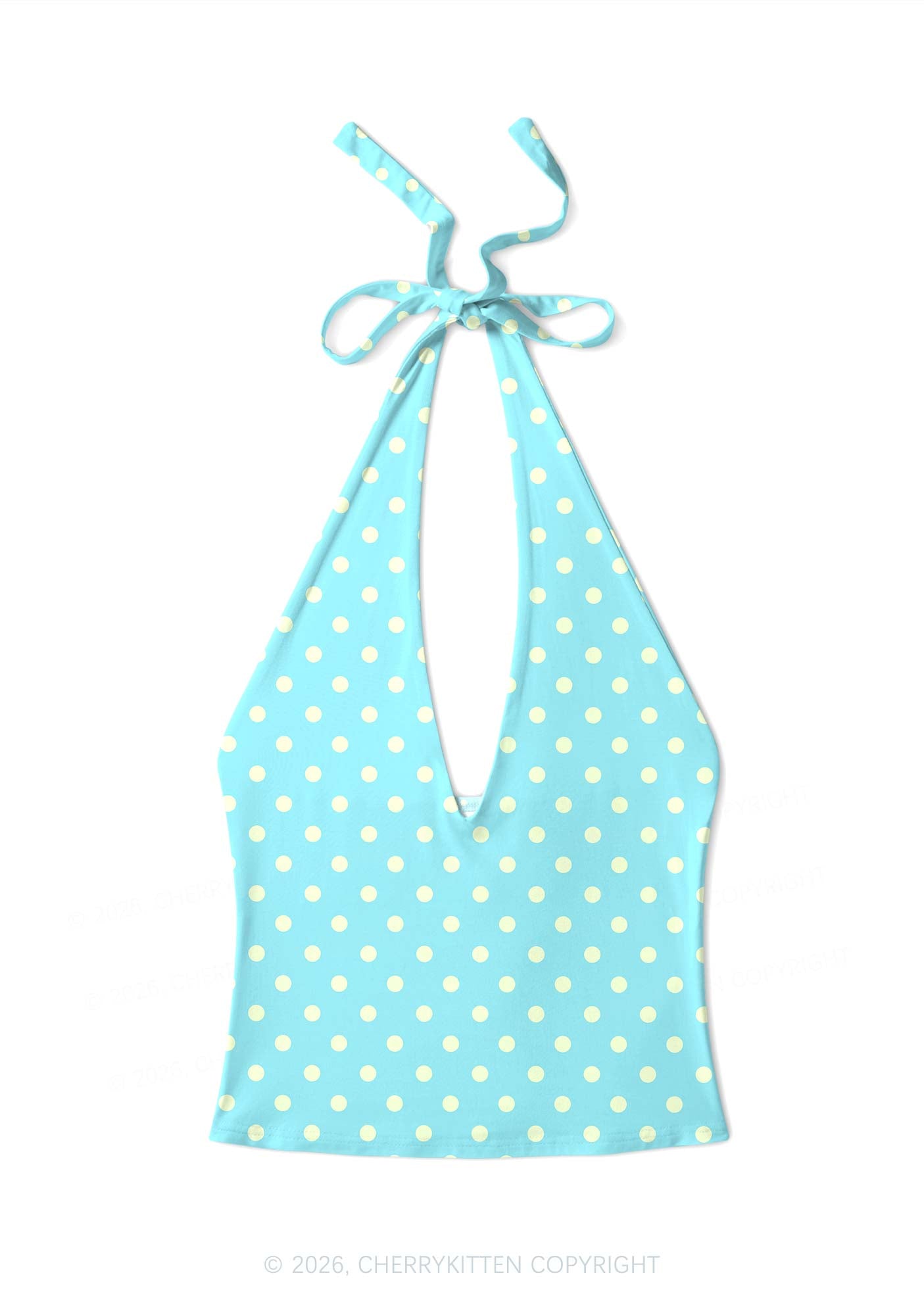 Yellow Dots On Blue Y2K Print Halter Deep V Neck Cami Cherrykitten