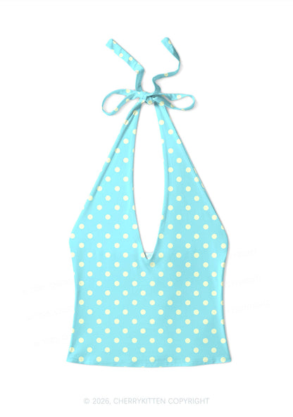 Yellow Dots On Blue Y2K Print Halter Deep V Neck Cami Cherrykitten