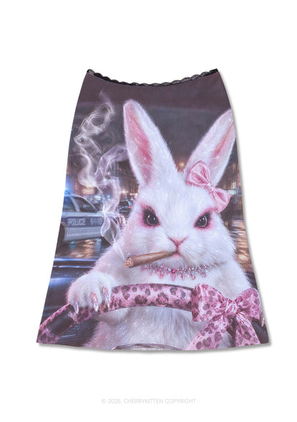 Smoking Bunny Driver Y2K Print Midi Skirt Cherrykitten