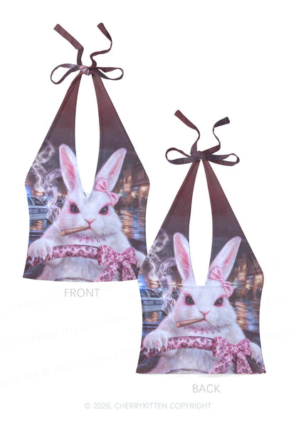 Smoking Bunny Driver Y2K Print Halter Deep V Neck Cami Cherrykitten
