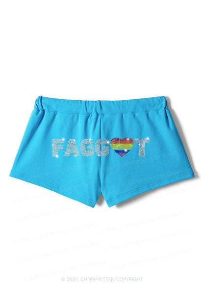 Rhinestone Rainbow Heart Faggot Pride Y2K Drawstring Mini Shorts Cherrykitten