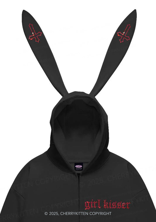 Rhinestone Girl kisser Pride Y2K Bunny Ear Zip Hoodie Cherrykitten