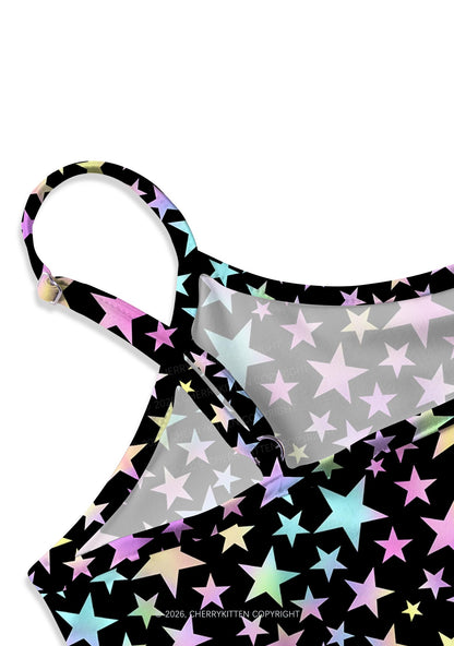 Rainbow Star On Black Y2K Print Cami Crop Top Cherrykitten