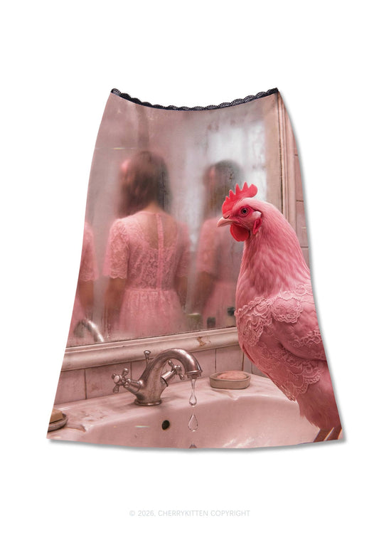 Pink Lace Chicken Y2K Print Midi Skirt Cherrykitten