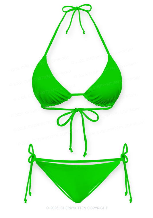 Grass Green Plain Y2K Print Bikini Set Cherrykitten