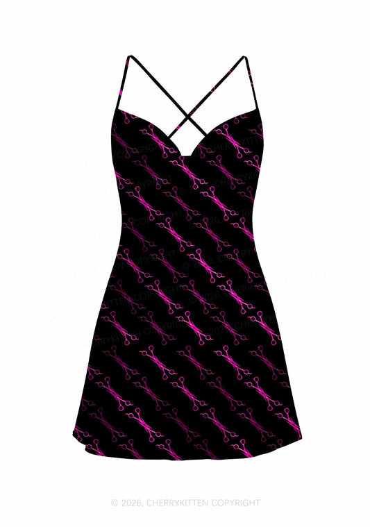 Pink Scissors Pride Y2K Print Satin Cowl Neck Slip Dress Cherrykitten