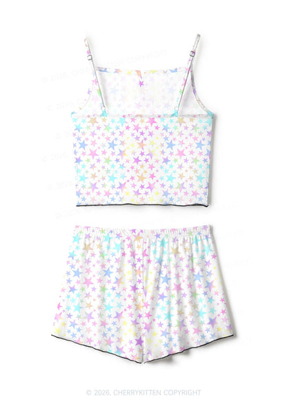 Rainbow Star On White Y2K Print Cami Shorts Pajama Set Cherrykitten
