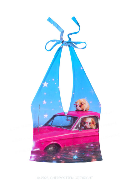 Two Guinea Pigs On Pink Car Y2K Print Halter Deep V Neck Cami Cherrykitten
