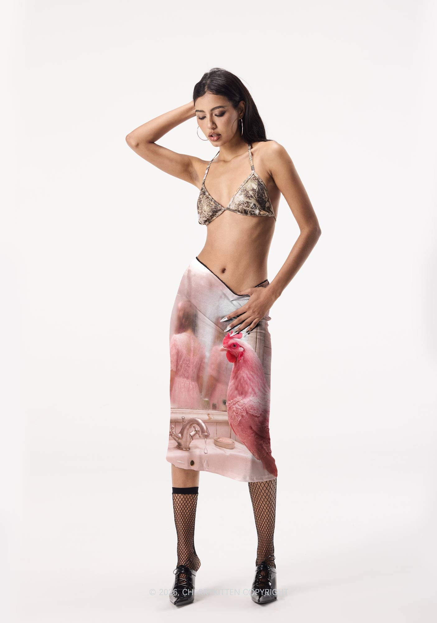 Pink Lace Chicken Y2K Print Midi Skirt Cherrykitten