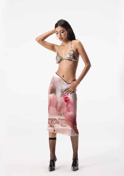 Pink Lace Chicken Y2K Print Midi Skirt Cherrykitten