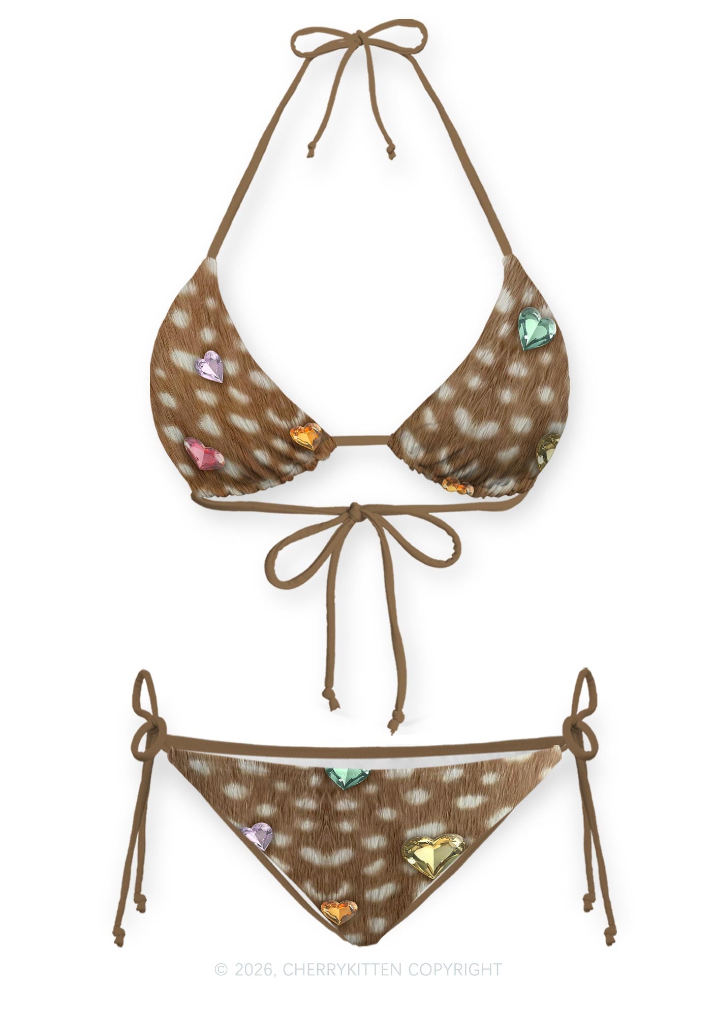 Brown Fawn Spot Heart Gem Y2K Print Bikini Set Cherrykitten