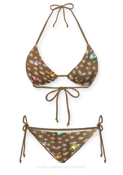 Brown Fawn Spot Heart Gem Y2K Print Bikini Set Cherrykitten