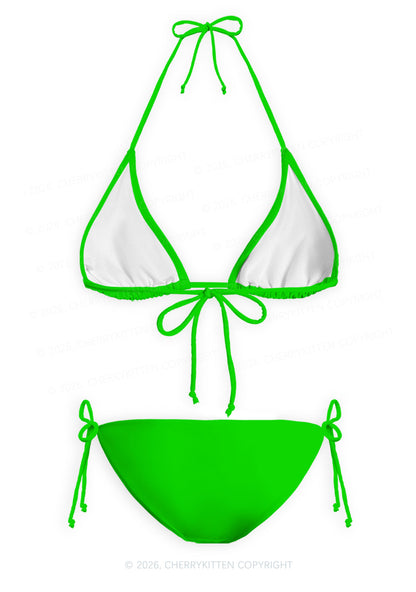 Grass Green Plain Y2K Print Bikini Set Cherrykitten