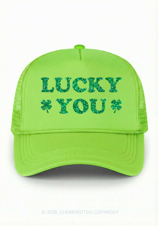 Glitter Lucky Green St Patricks Y2K Trucker Hat Cherrykitten