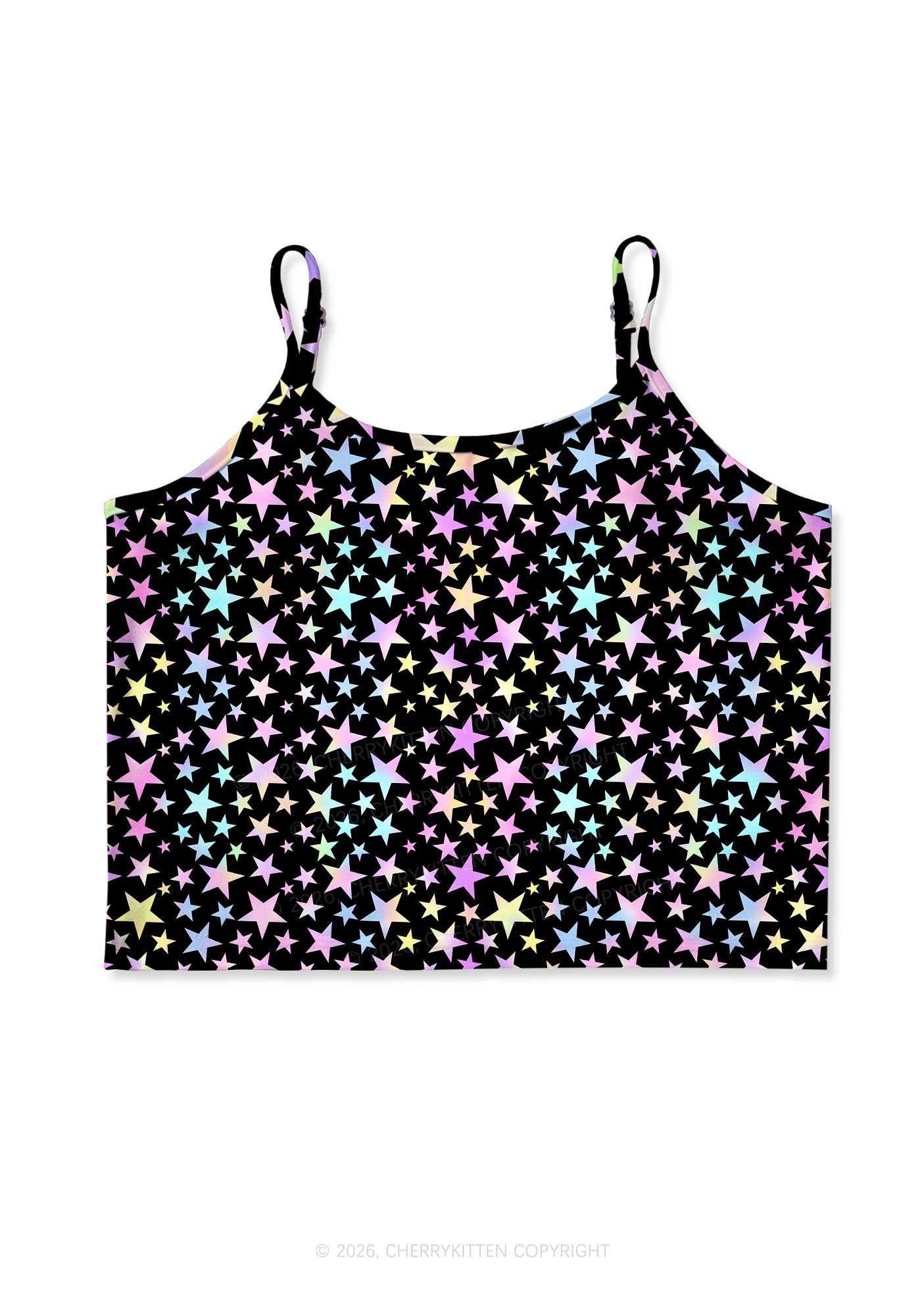 Rainbow Star On Black Y2K Print Cami Crop Top Cherrykitten
