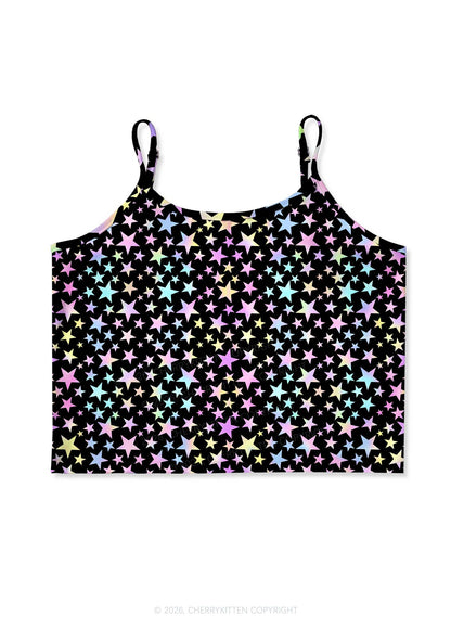 Rainbow Star On Black Y2K Print Cami Crop Top Cherrykitten
