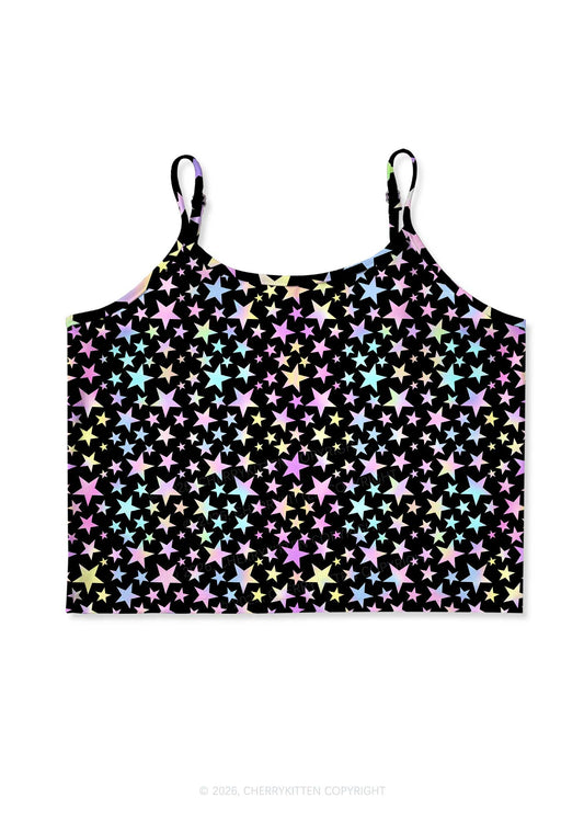 Rainbow Star On Black Y2K Print Cami Crop Top Cherrykitten