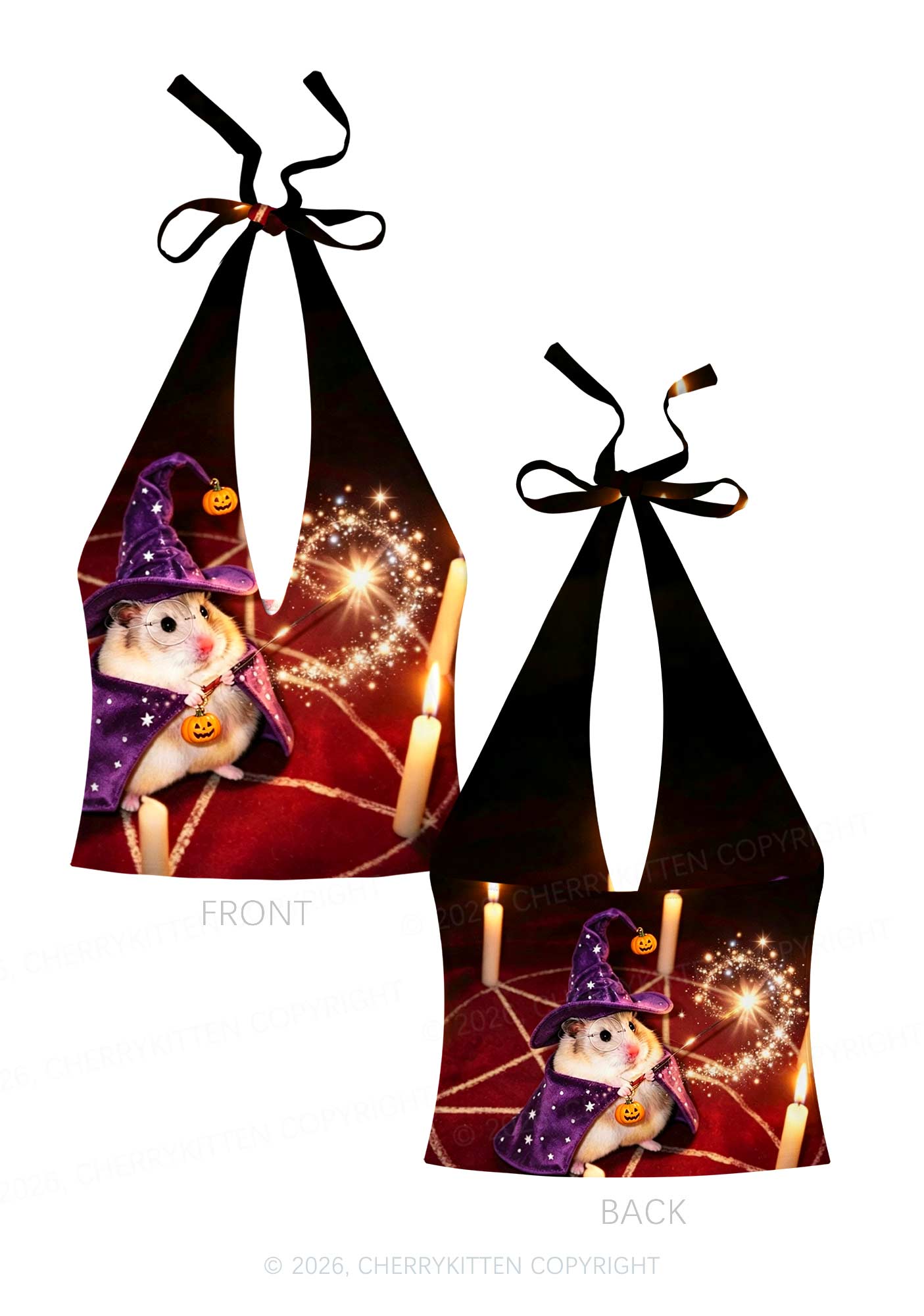 Halloween Wizard Hamster Y2K Print Halter Deep V Neck Cami Cherrykitten