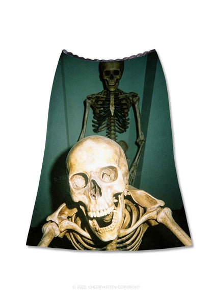 Halloween Double Skeleton Selfie Y2K Print Midi Skirt Cherrykitten