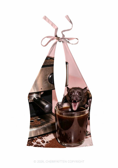 Halloween Bat Coffee Y2K Print Halter Deep V Neck Cami Cherrykitten