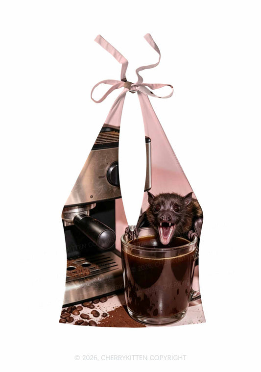 Halloween Bat Coffee Y2K Print Halter Deep V Neck Cami Cherrykitten