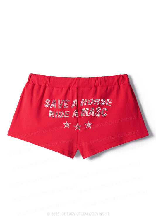 Rhinestone Ride A Masc Pride Y2K Drawstring Mini Shorts Cherrykitten
