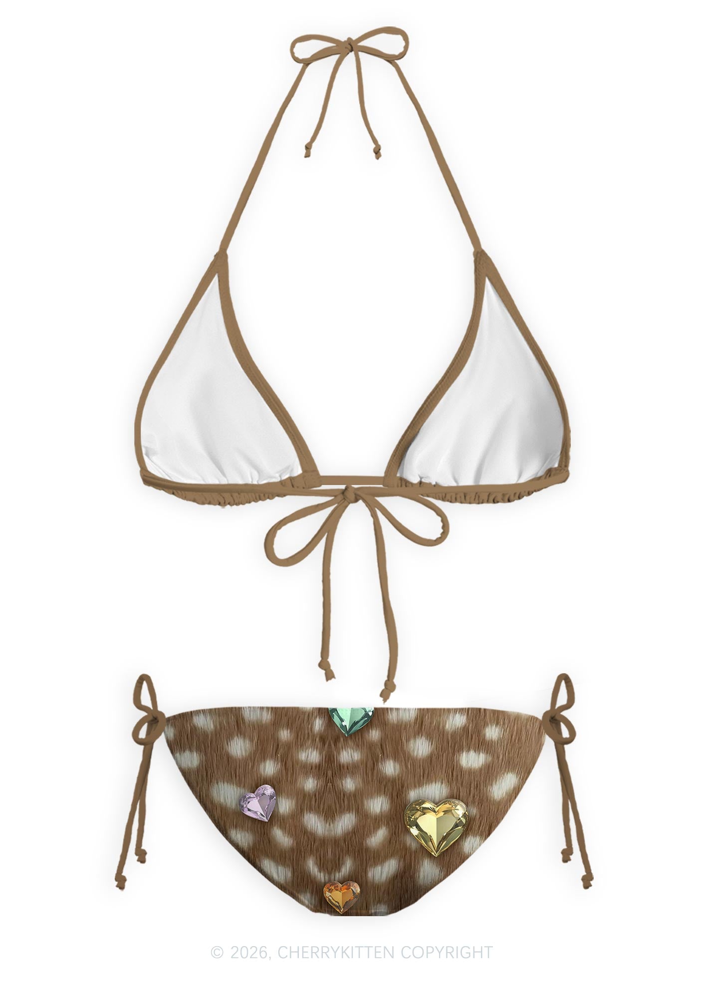 Brown Fawn Spot Heart Gem Y2K Print Bikini Set Cherrykitten