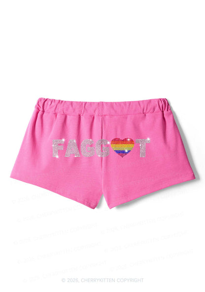 Rhinestone Rainbow Heart Faggot Pride Y2K Drawstring Mini Shorts Cherrykitten