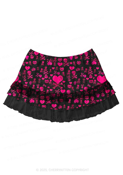 Skeleton Pink Love Valentine's Day Y2K Print Mini Layered Skirt Cherrykitten
