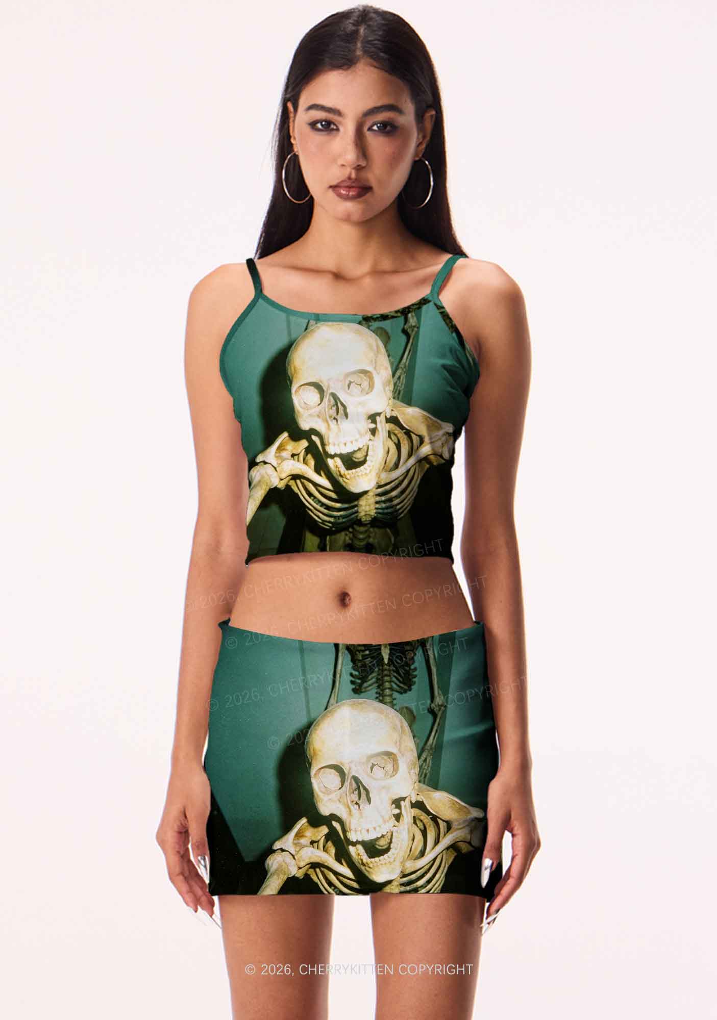 Halloween Double Skeleton Selfie Y2K Print Mini Skirt Cherrykitten