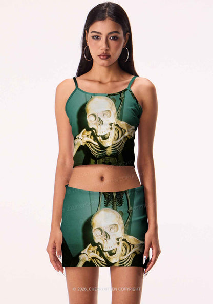 Halloween Double Skeleton Selfie Y2K Print Mini Skirt Cherrykitten