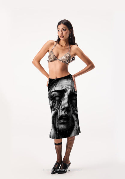 Halloween Veiled Crying Woman Y2K Print Midi Skirt Cherrykitten