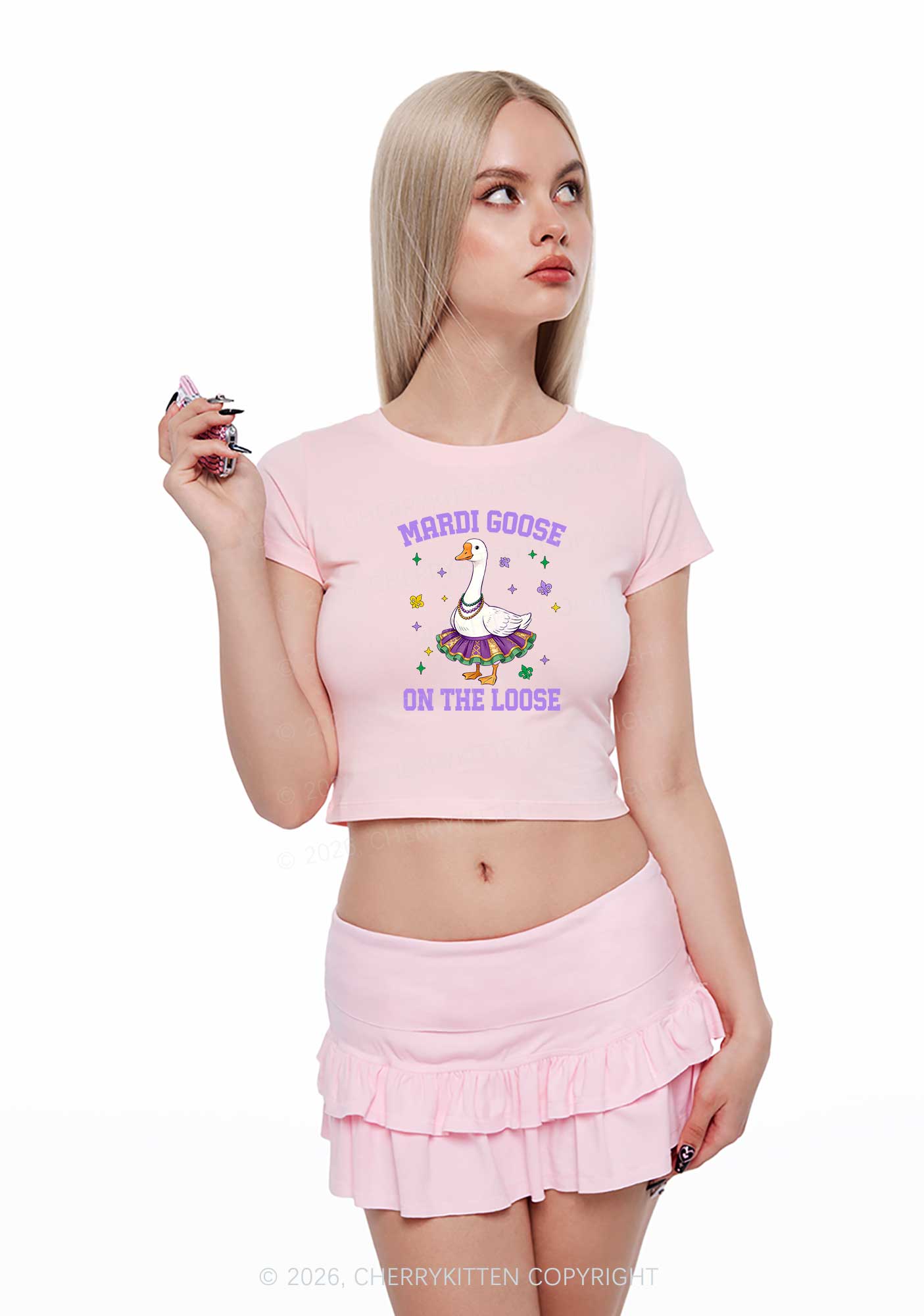 Mardi Gras Goose Y2K Baby Tee Cherrykitten