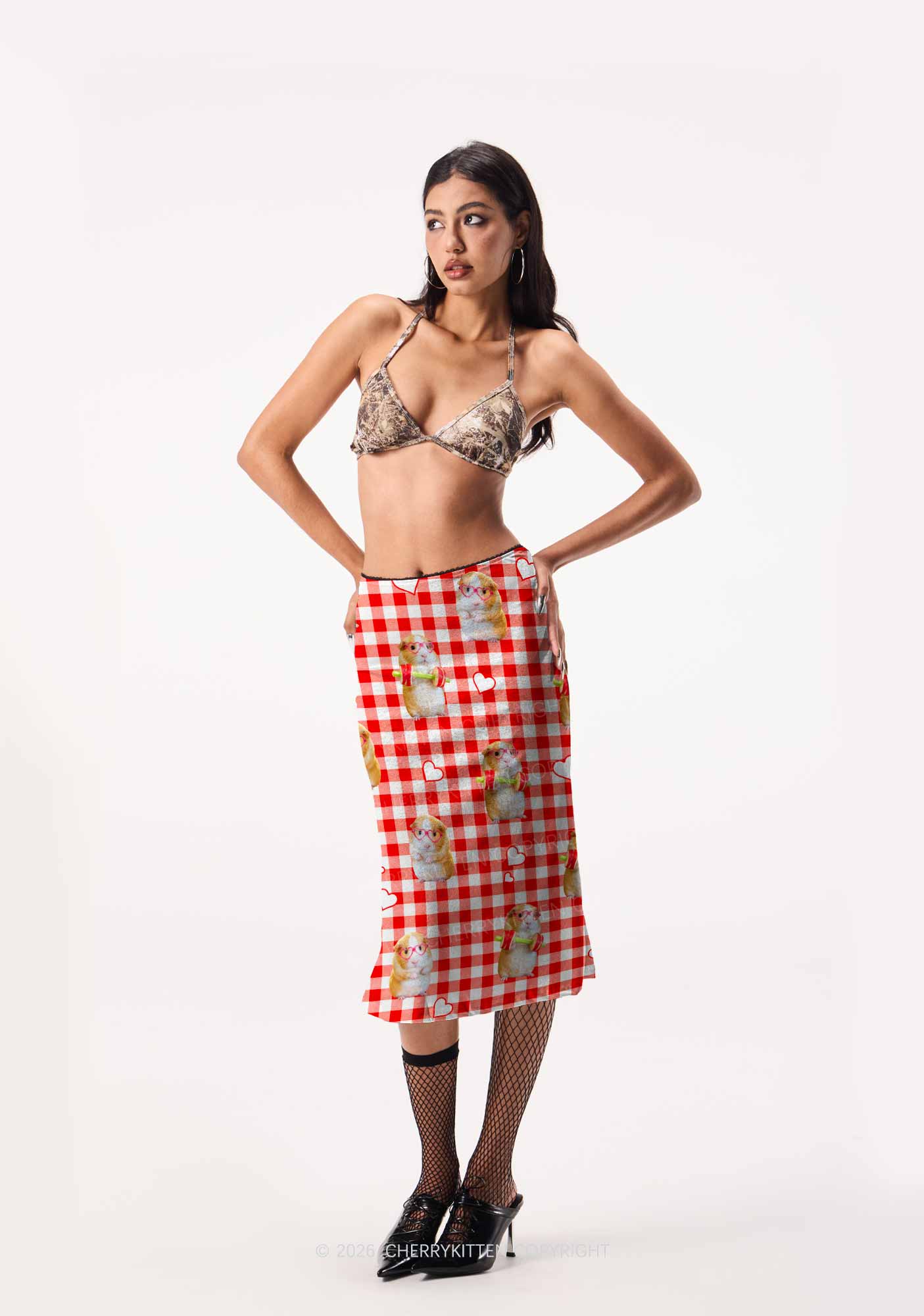Gym Guinea Pig Red Plaid Y2K Print Midi Skirt Cherrykitten
