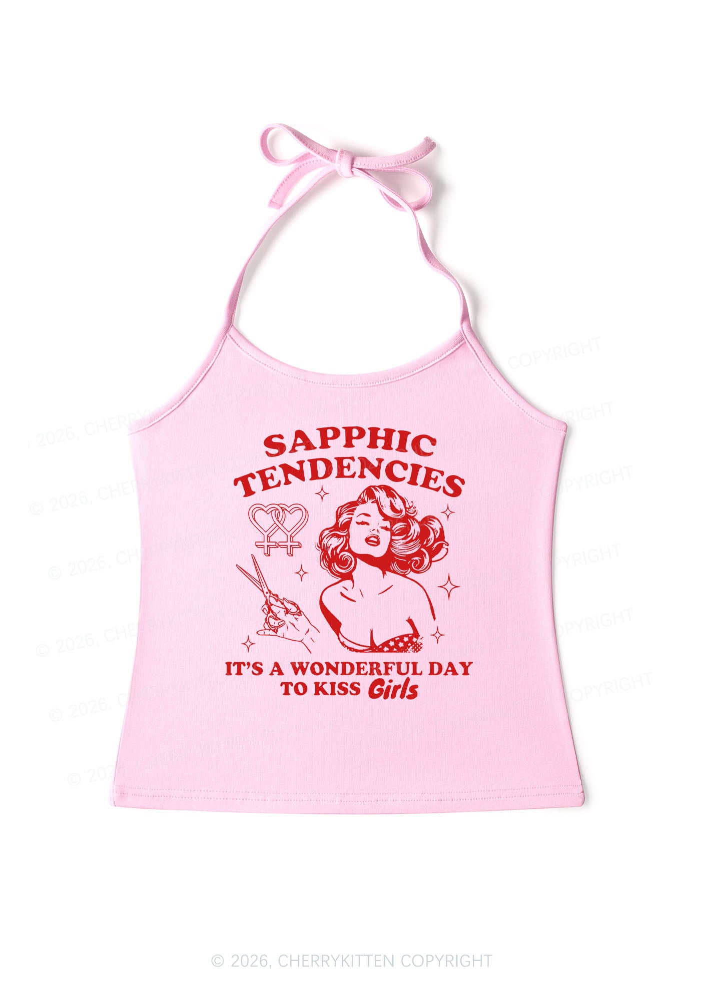 Sapphic Tendencies Kiss Girls Pride Y2K Halter Neck Cami Cherrykitten