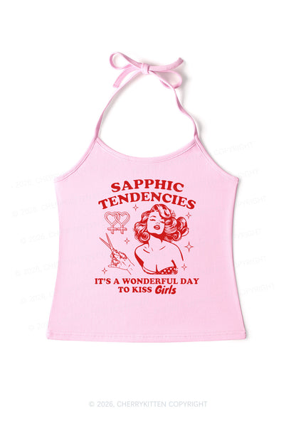 Sapphic Tendencies Kiss Girls Pride Y2K Halter Neck Cami Cherrykitten