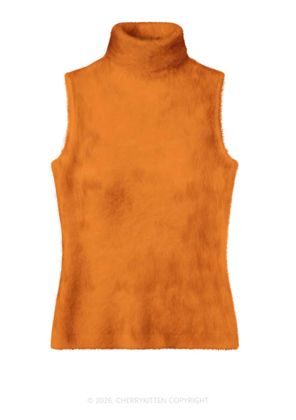 Plain Orange Y2K Knit Turtleneck Tank Top Cherrykitten