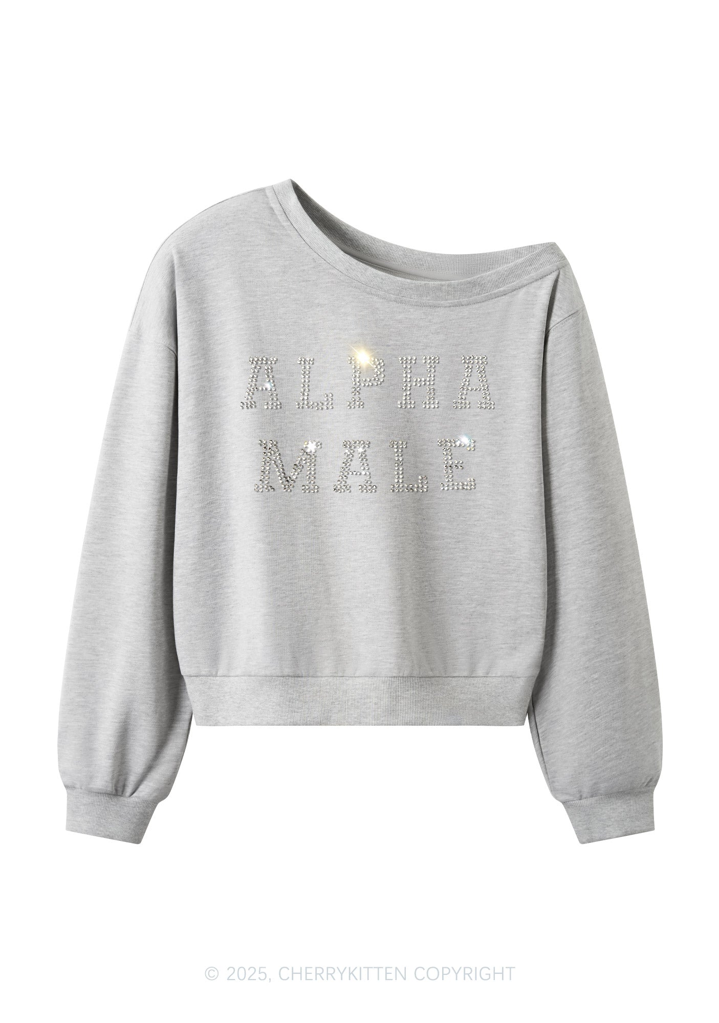 Rhinestone Alpha Male Y2K Off Shoulder Sweatshirts Cherrykitten