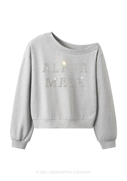 Rhinestone Alpha Male Y2K Off Shoulder Sweatshirts Cherrykitten