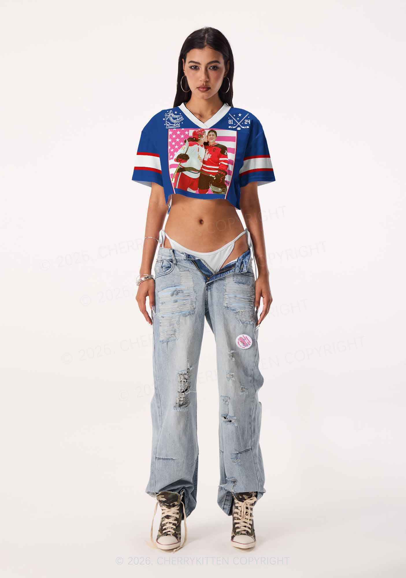 Retro Blue Kissing HR Y2K Crop Sport Jersey Shirts Cherrykitten