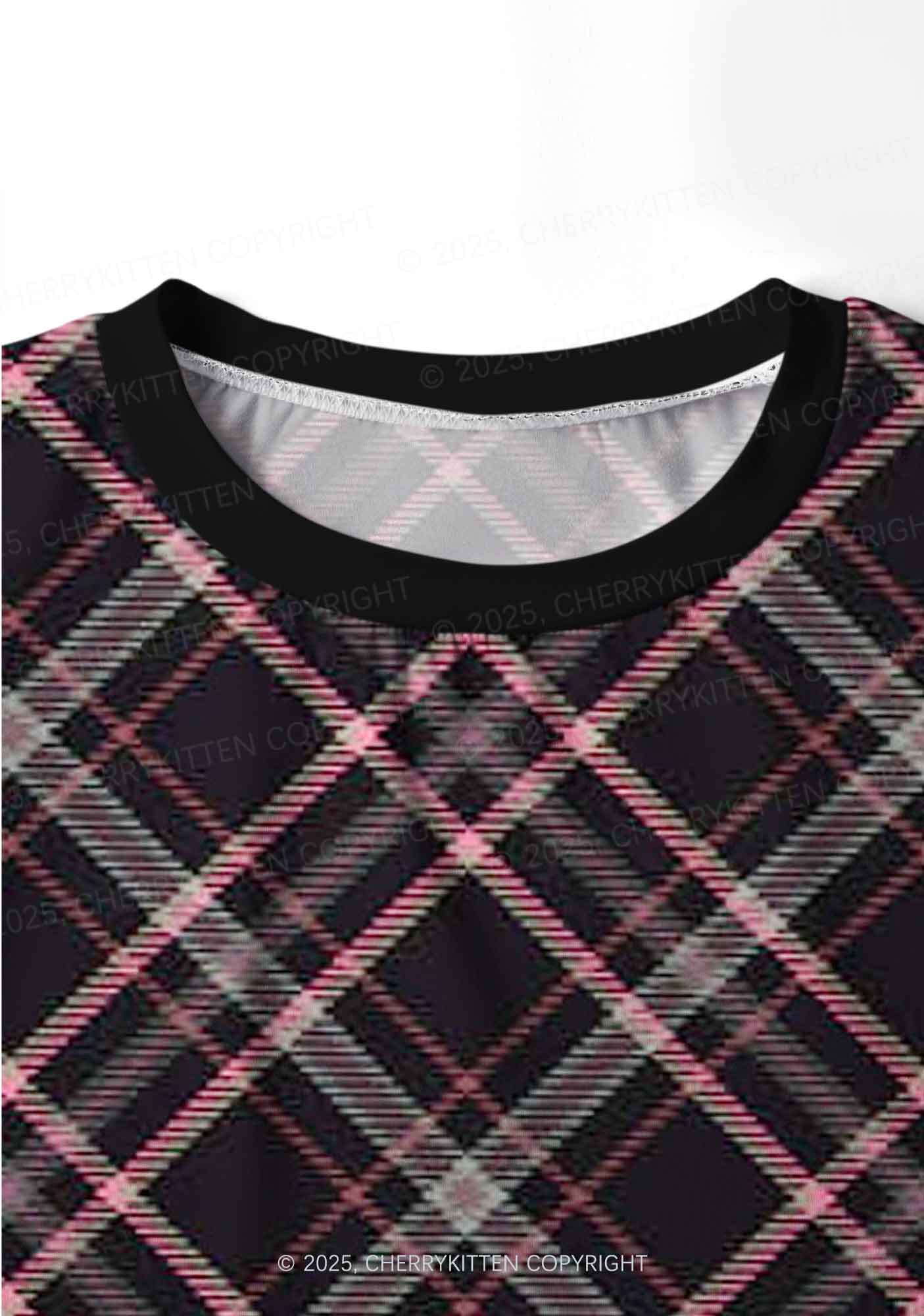 Pink Plaid Y2K Print Long Sleeve Pajama Set Cherrykitten