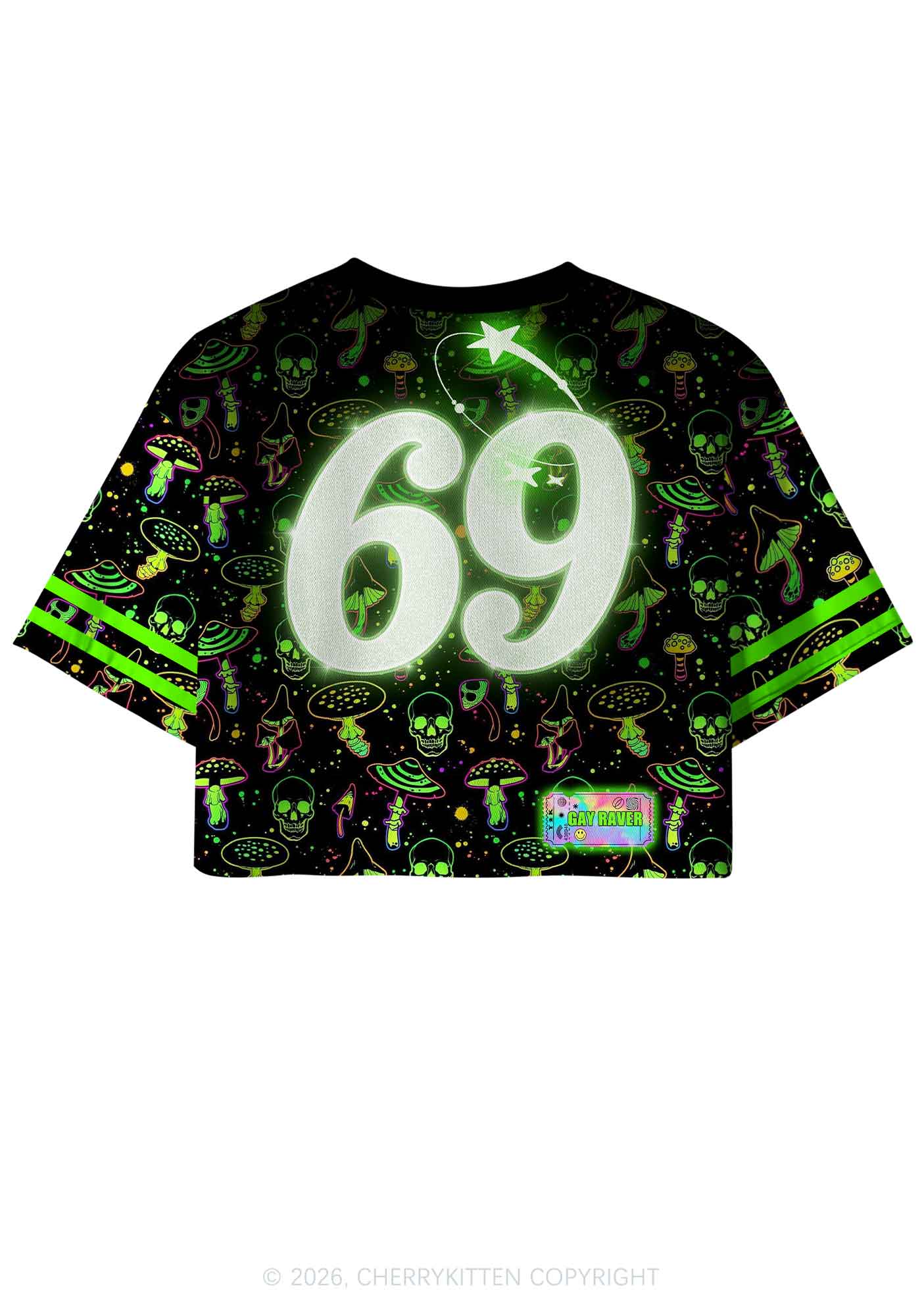 Neon Mushroom Skull Gay Raver Y2K Crop Sport Jersey Shirts Cherrykitten