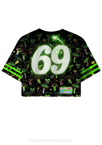 Neon Mushroom Skull Gay Raver Y2K Crop Sport Jersey Shirts Cherrykitten
